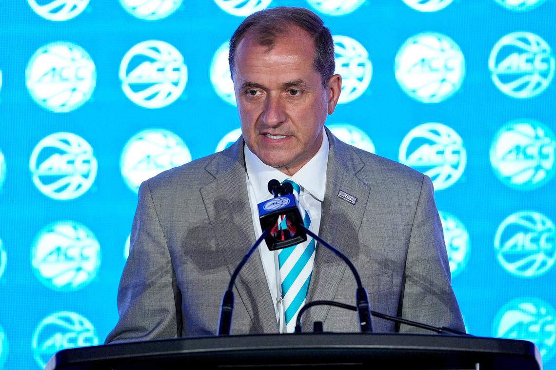 Oct 9, 2024; Charlotte, NC, USA; ACC commissioner Jim Phillips during ACC Media Days at The Hilton Charlotte Uptown. Mandatory Credit: Jim Dedmon-Imagn Images