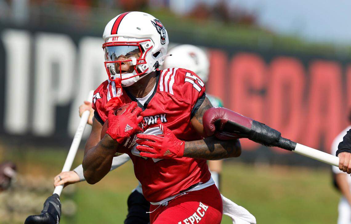 N.C. State tight end Justin Joly (15) runs drills during the Wolfpack’s first practice in Raleigh, N.C., Wednesday, July 31, 2024.