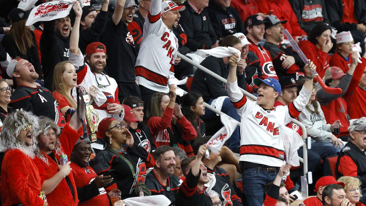 Canes fans celebrate in the second period of the Hurricanes’ game against the Canadiens in game five of the Eastern Conference Finals at the Lenovo Center Friday, May 29, 2026.