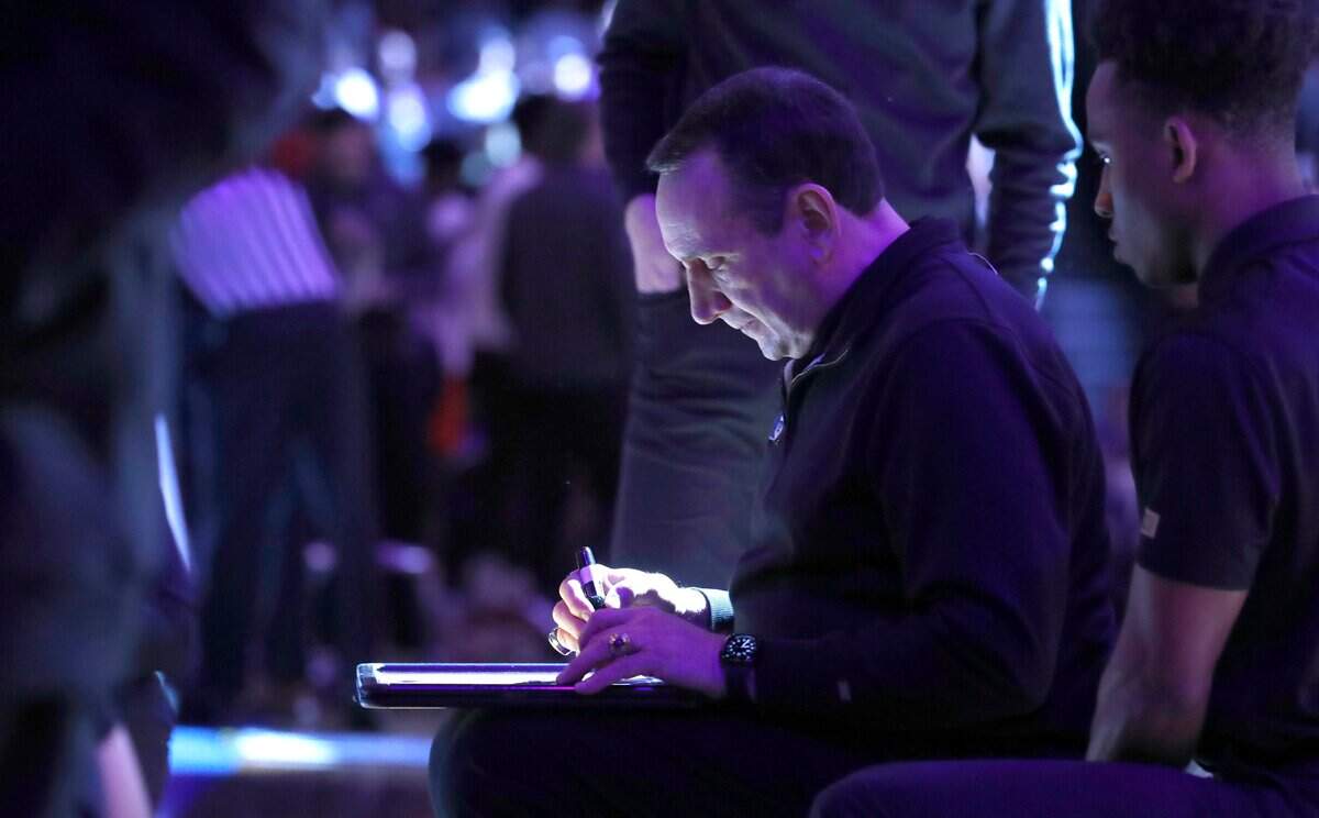 Duke head coach Mike Krzyzewski waits to talk to the team before Dukes game against Virginia Tech in the finals of the ACC mens basketball tournament at the Barclays Center in Brooklyn, N.Y., Saturday, March 12, 2022.
