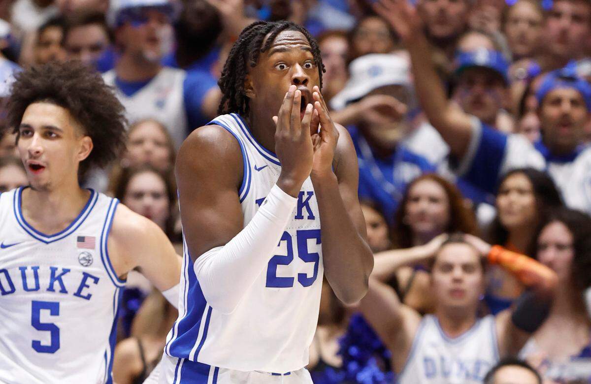 Duke’s Mark Mitchell (25) can’t believe he was called for a foul during the second half of UNC’s 84-79 victory over Duke at Cameron Indoor Stadium in Durham, N.C., Saturday, March 9, 2024.