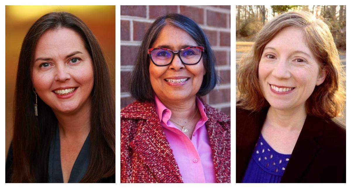 Orange County Schools Board of Education candidates: Challenger Lori Russell (from left), challenger Saru Salvi, and incumbent Sarah Smylie.