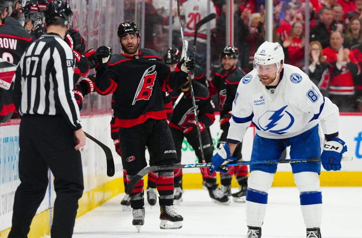Carolina Hurricanes left wing Jordan Martinook (48) celebrates his goal against the Tampa Bay Lightning during the second period at Lenovo Center.