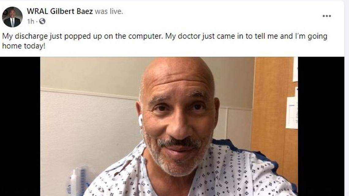 WRAL-TV news reporter Gilbert Baez announced in a Facebook Live video on Sept. 3 that he is being discharged from the hospital after being treated for COVID-19.