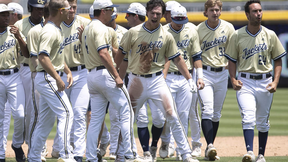 Georgia Tech’s Tristin English (11) celebrates with teammates after a walk-off RBI-double in the ninth inning to give the Yellowjackets a 5-4 victory over Duke on Friday, May 24, 2019 at the ACC Baseball Championship at the Durham Bulls Athletic Park in Durham, N.C. Georgia Tech advances to play N.C. State in the semi-finals.