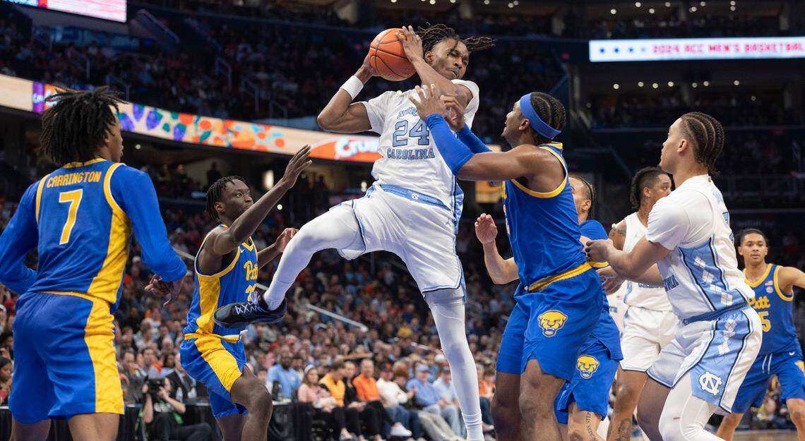 North Carolina’s Jae’Lyn Withers (24) grabs an offensive rebound the second half against Pittsburgh during the semi-finals of the ACC Men’s Basketball Tournament at Capitol One Arena on Friday, March 15, 2024 in Washington, D
