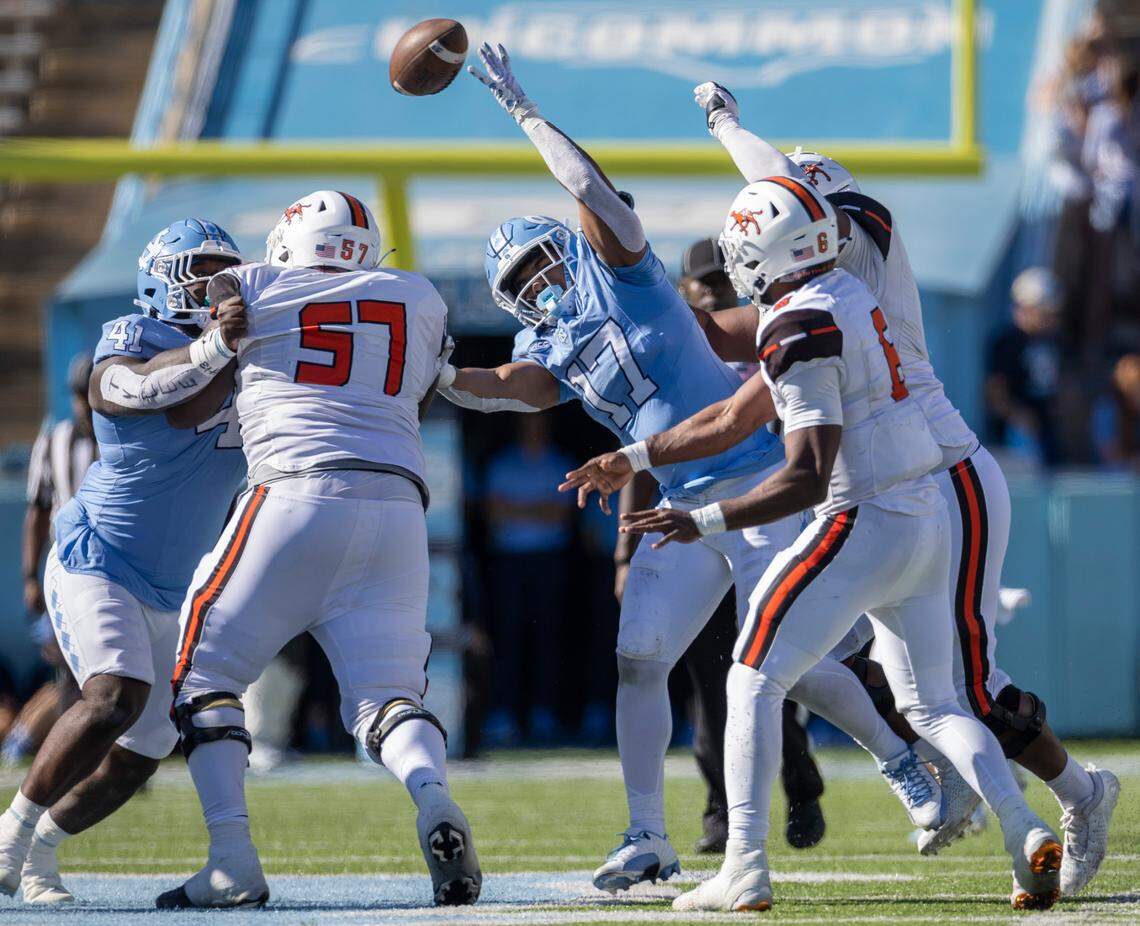 North Carolina’s Amare Campbell (17) deflects a pas by Campbell quarterback Hajj-Malik Williams (6) in the third quarter on Saturday, November 4. 2023 at Kenan Stadium in Chapel Hill, N.C.
