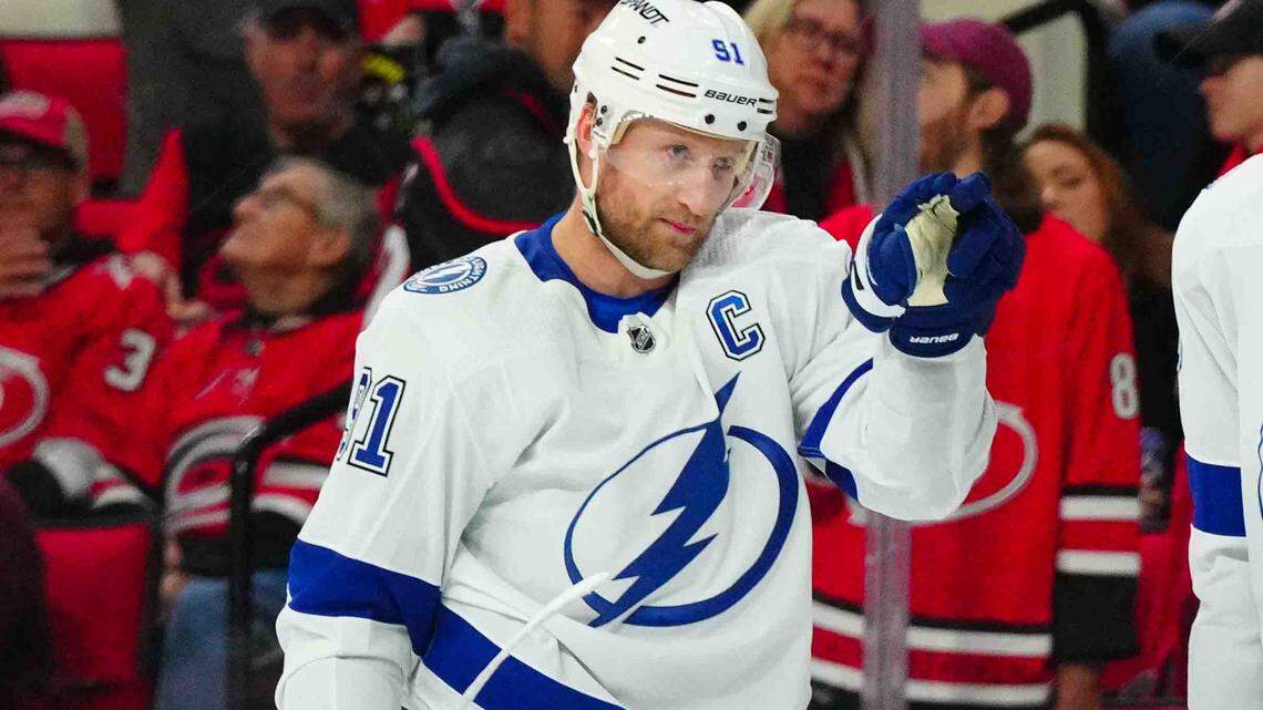Nov 24, 2023; Raleigh, North Carolina, USA; Tampa Bay Lightning center Steven Stamkos (91) scores a goal against the Carolina Hurricanes during the second period at PNC Arena. Mandatory Credit: James Guillory-USA TODAY Sports