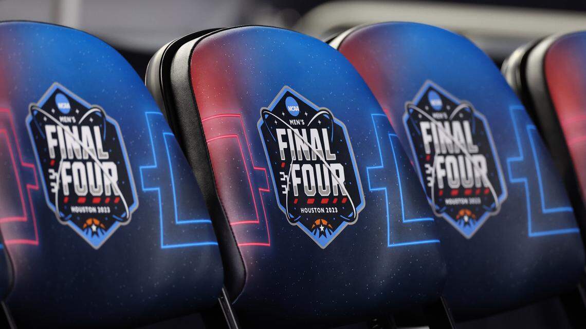 A general view of player chairs on the court during a practice session the day before the Final Four of the 2023 NCAA Tournament at NRG Stadium.