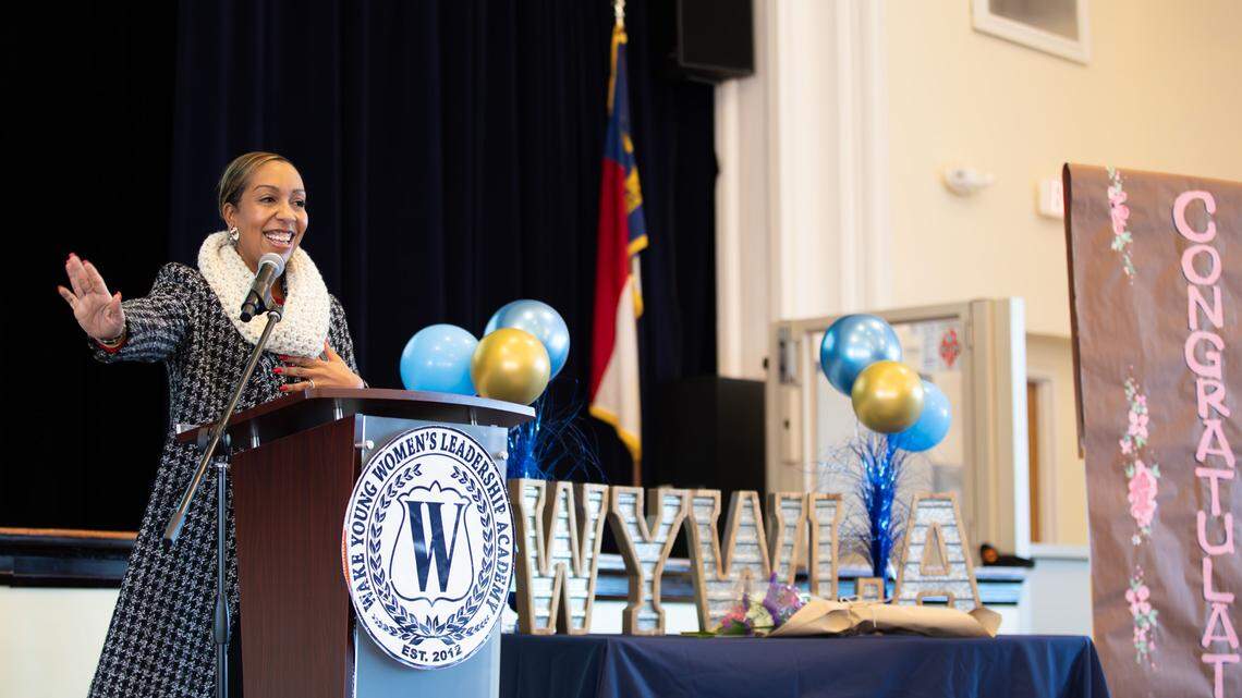 Mariah Walker is surprised with the news that she’s been named a finalist for 2026 North Carolina Principal of the Year during a surprise assembly at the Wake Young Women’s Leadership Academy in Raleigh, N.C., on Dec. 15, 2025.