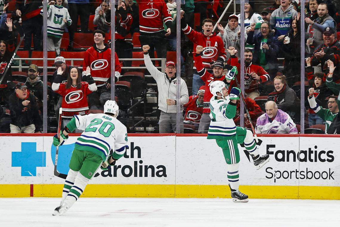 Carolina Hurricanes forward Andrei Svechnikov (37) celebrates a goal during the first period against the Utah Mammoth at Lenovo Center on Jan. 29, 2026 in Raleigh, North Carolina.