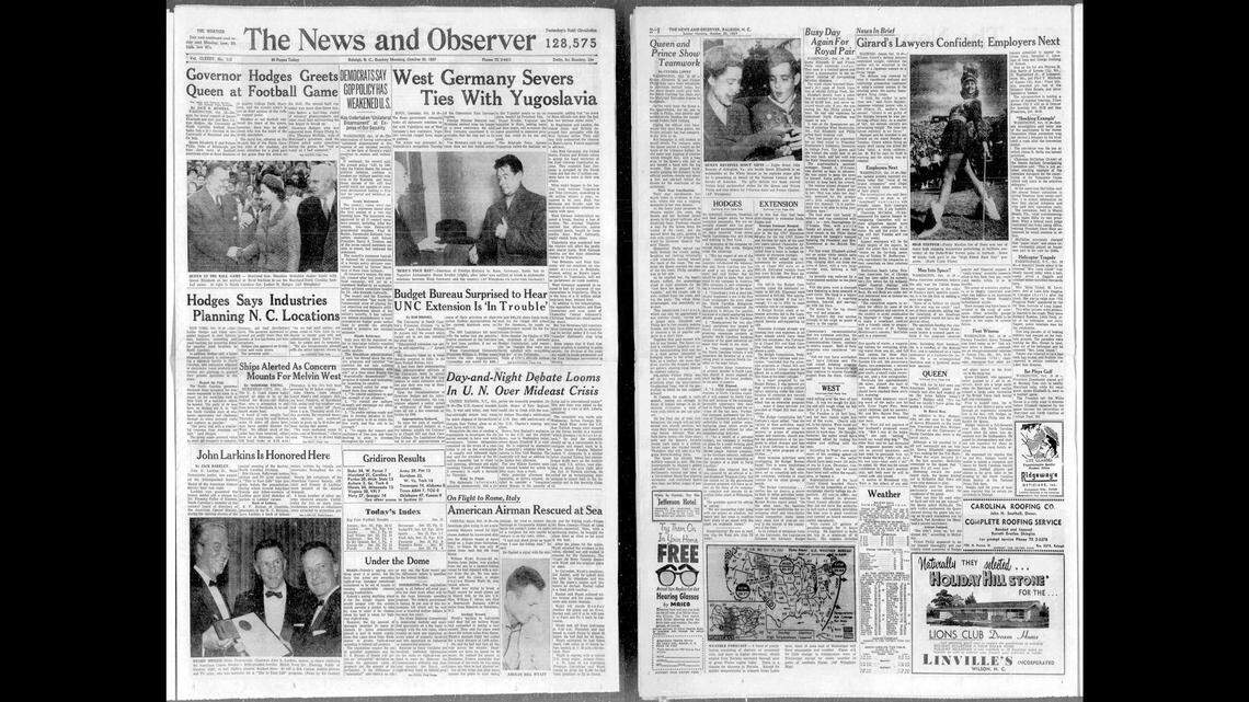 The Raleigh News and Observer’s front page and second page on October 20, 1957.