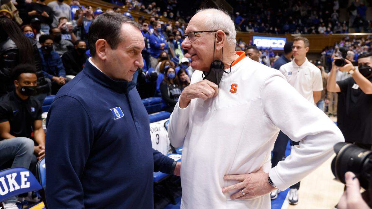 Duke head coach Mike Krzyzewski talks with Syracuse head coach Jim Boeheim before Duke’s game against Syracuse at Cameron Indoor Stadium in Durham, N.C., Saturday, Jan. 22, 2022.