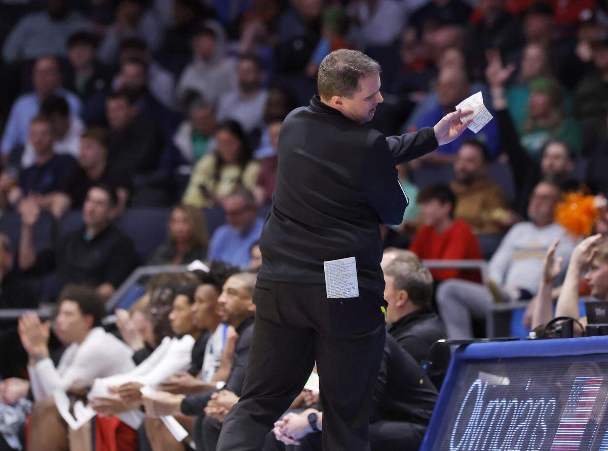 N.C. State head coach Will Wade reacts after a Texas basket during the first half of the Wolfpack’s 68-66 loss in the NCAA First Four on Tuesday, March 17, 2026, at the University of Dayton Arena in Dayton, Ohio. 