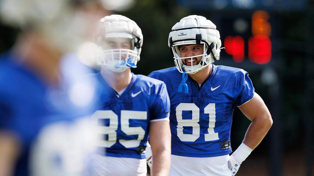 Duke’s Nicky Dalmolin, right, practices at Brooks Practice Field on Wednesday, July 31, 2024, in Durham, N.C.