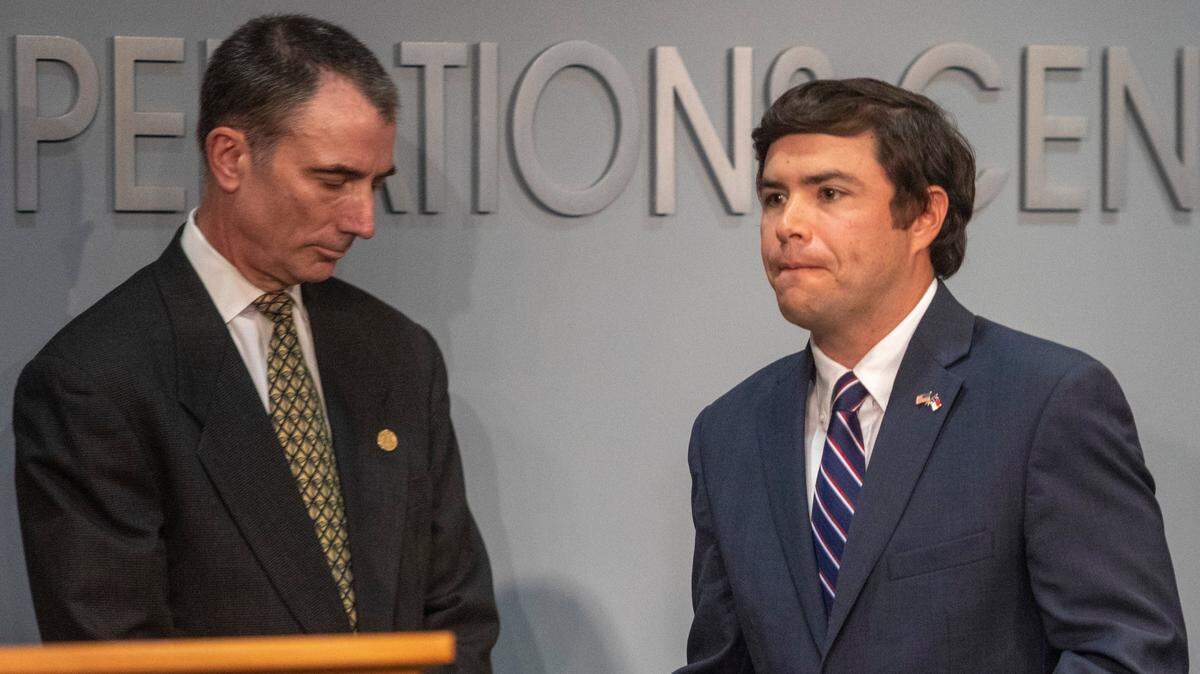 State Board of Education chairman Eric Davis (left) and State Superintendent of Public Instruction Mark Johnson (right) spoke during a briefing on North Carolina’s coronavirus pandemic response Friday, April 24, 2020 at the NC Emergency Operations Center in Raleigh.