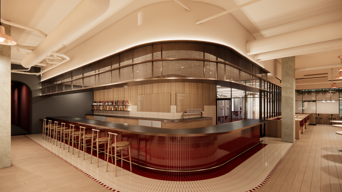 A rendering of the new Basic Brewing, slated to open in downtown Raleigh in fall 2026 in the Platform Apartments building near Boylan Heights.