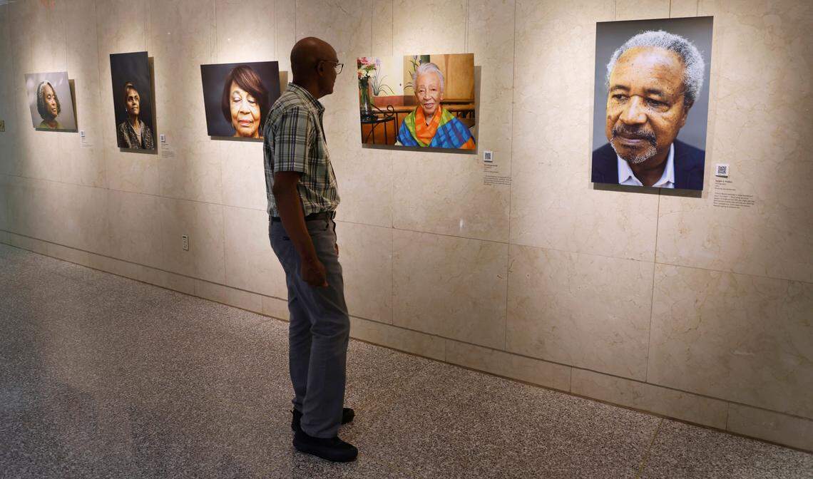 Ted Savage of Raleigh looks at the Voices of Oberlin exhibit at the Raleigh Municipal Building on West Hargett St. in Raleigh, N.C., Thursday, June 22, 2023. Savage was at the municipal building to attend a meeting.