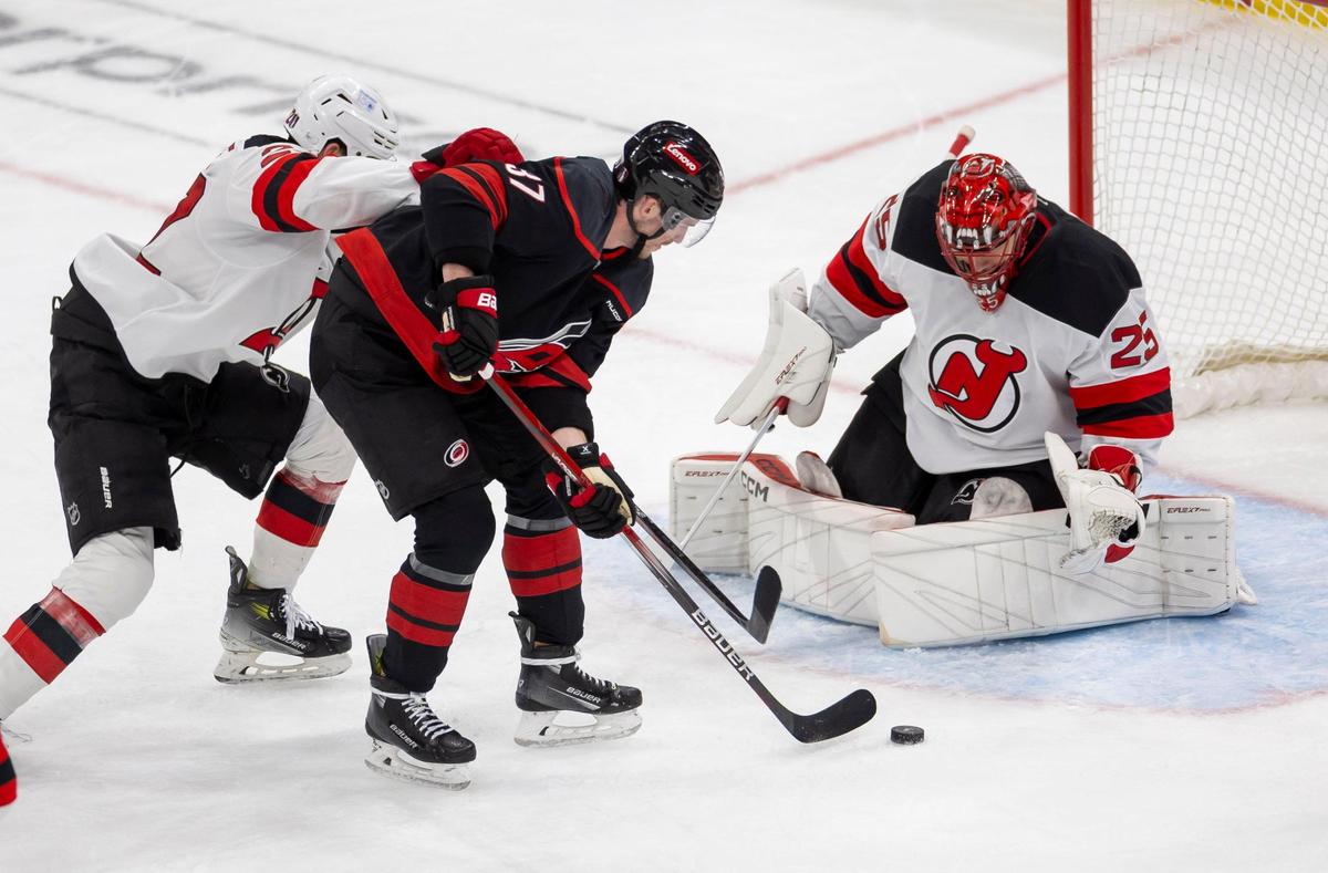 Carolina Hurricane right wing Andrei Svechnikov (37) tries to score on New Jersey Devils’ goalie Jacob Markstrom (25) in the second period during Game 5 of their Stanely Cup series on Tuesday, April 29, 2025 at Lenovo Center in Raleigh, N.C.