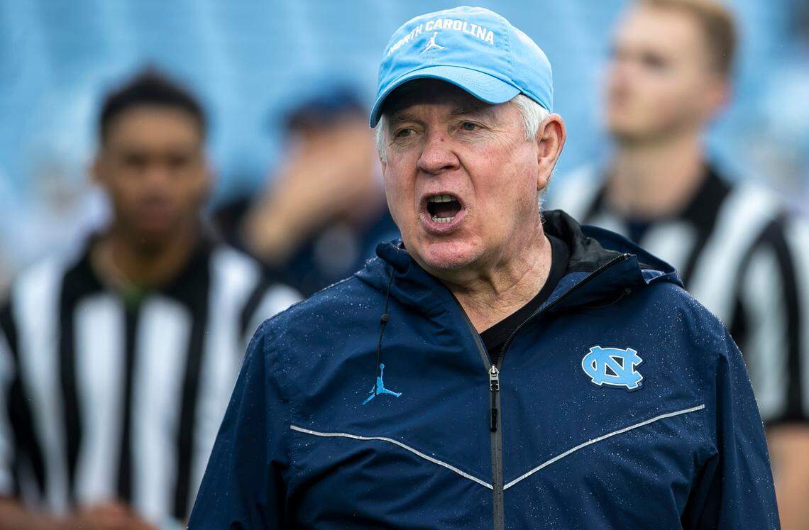 North Carolina coach Mack Brown directs his team during their open practice on Saturday, March 25, 2023 at Kenan Stadium in Chapel Hill. N.C.