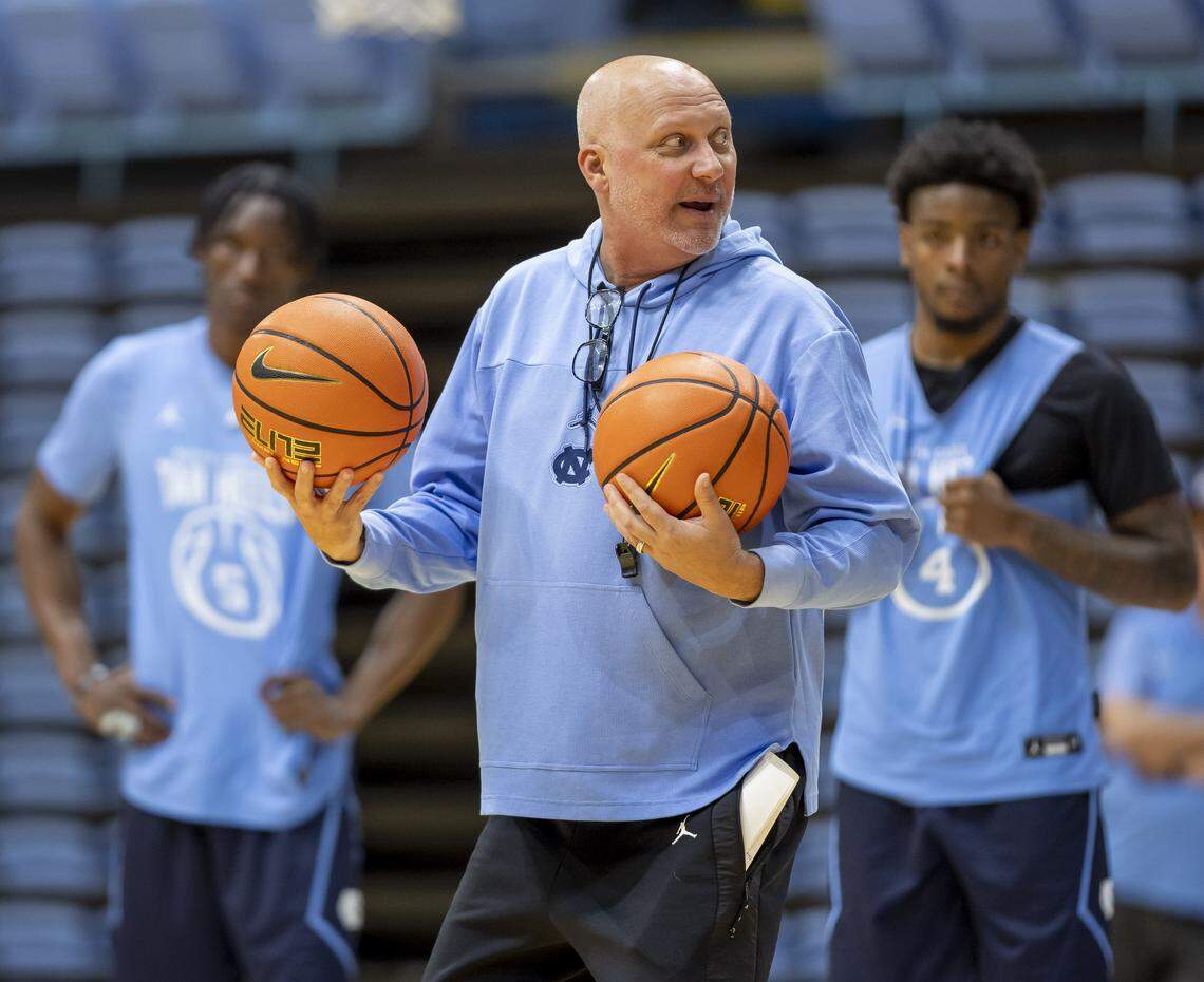 North Carolina assistant coach Jeff Lebo works with the team during practice on Thursday, October 9. 2025 at the Smith Center in Chapel Hill, N.C.