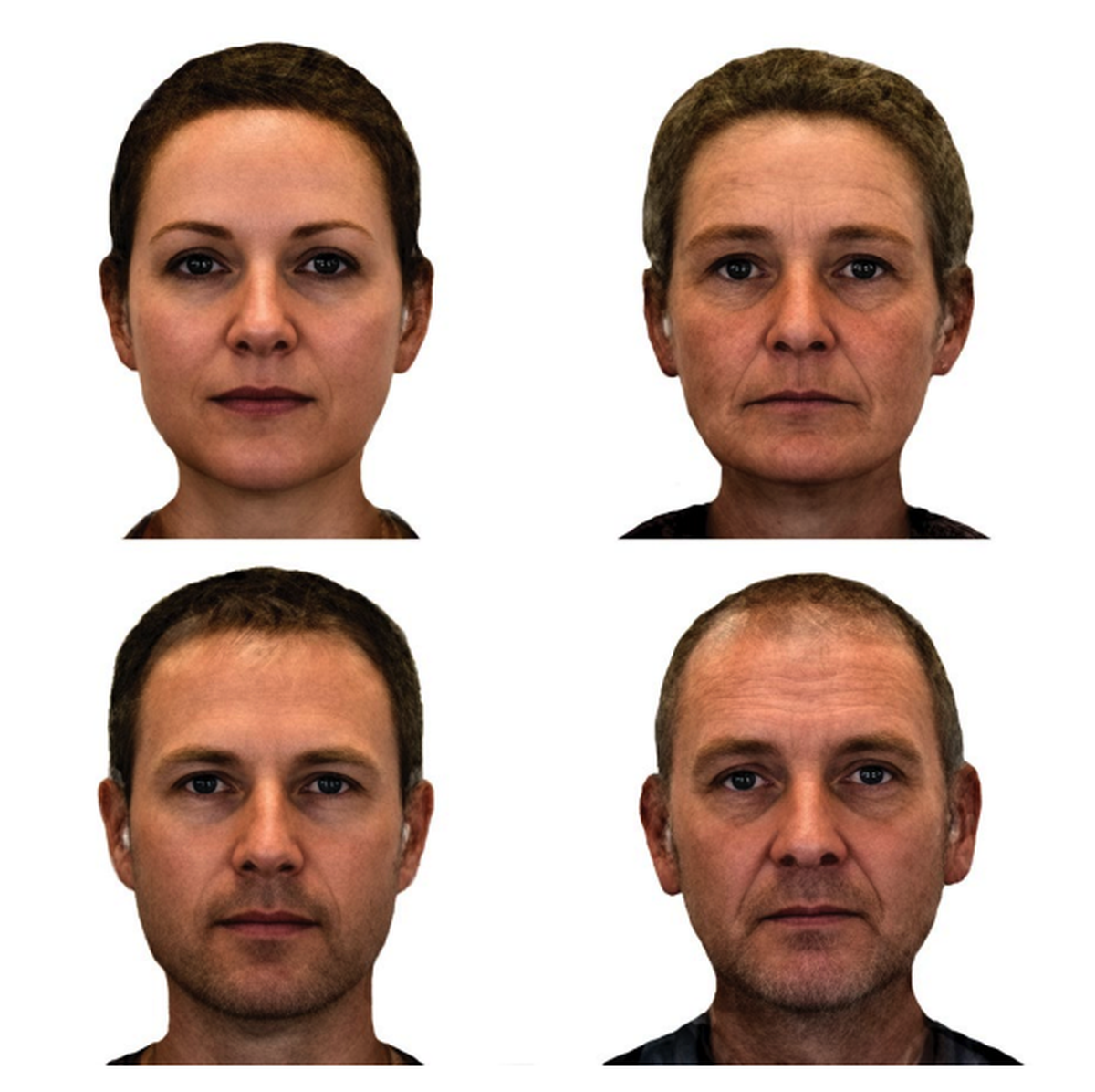 Composite faces of Dunedin Study participants-- all of whom are the same age-- made up of the ten male and female study members with the youngest (left) and oldest (right) looking faces. These faces show the varying rates of biological aging.