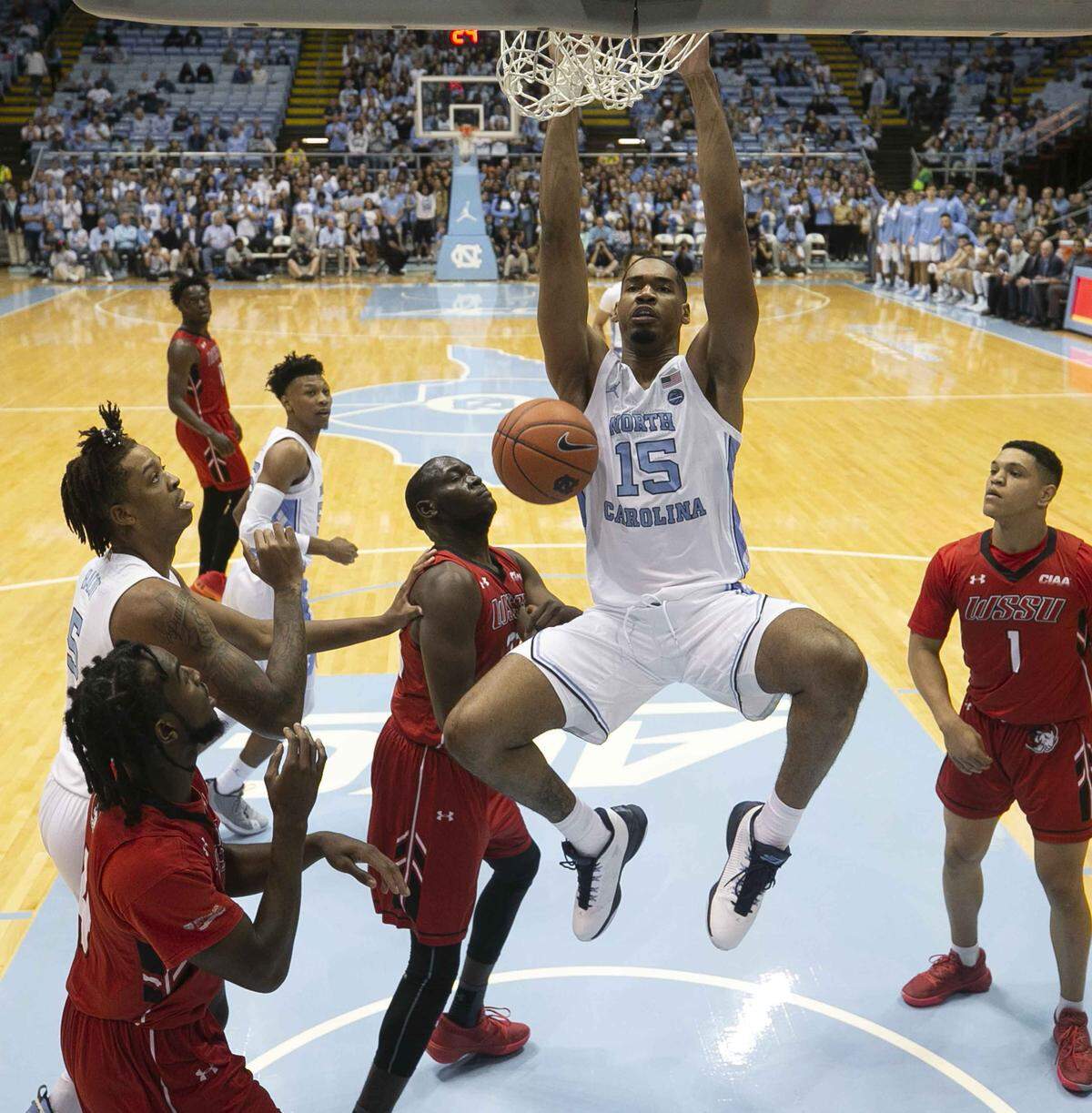 North Carolina’s Garrison Brooks (15) gets a dunk in the first half against Winston-Salem State on Friday, November 1, 2019 at the Smith Center in Chapel Hill, N.C. Brooks lead North Carolina with 18 points in their 96-61 victory.