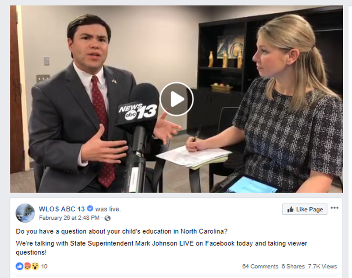 Screen grab of a video interview with Education Superintendent Mark Johnson conducted by WLOS reporter Karen Zatkulak