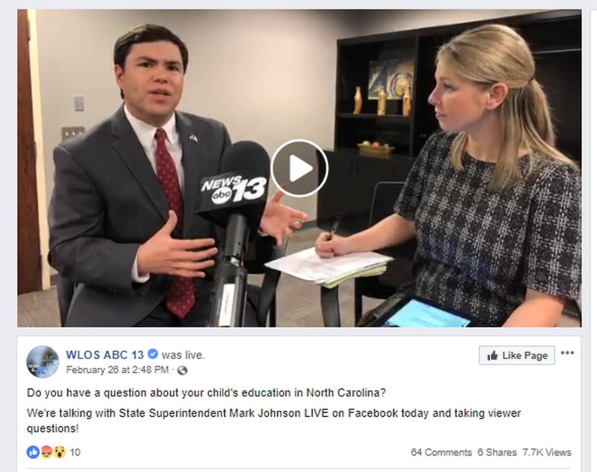 Screen grab of a video interview with Education Superintendent Mark Johnson conducted by WLOS reporter Karen Zatkulak