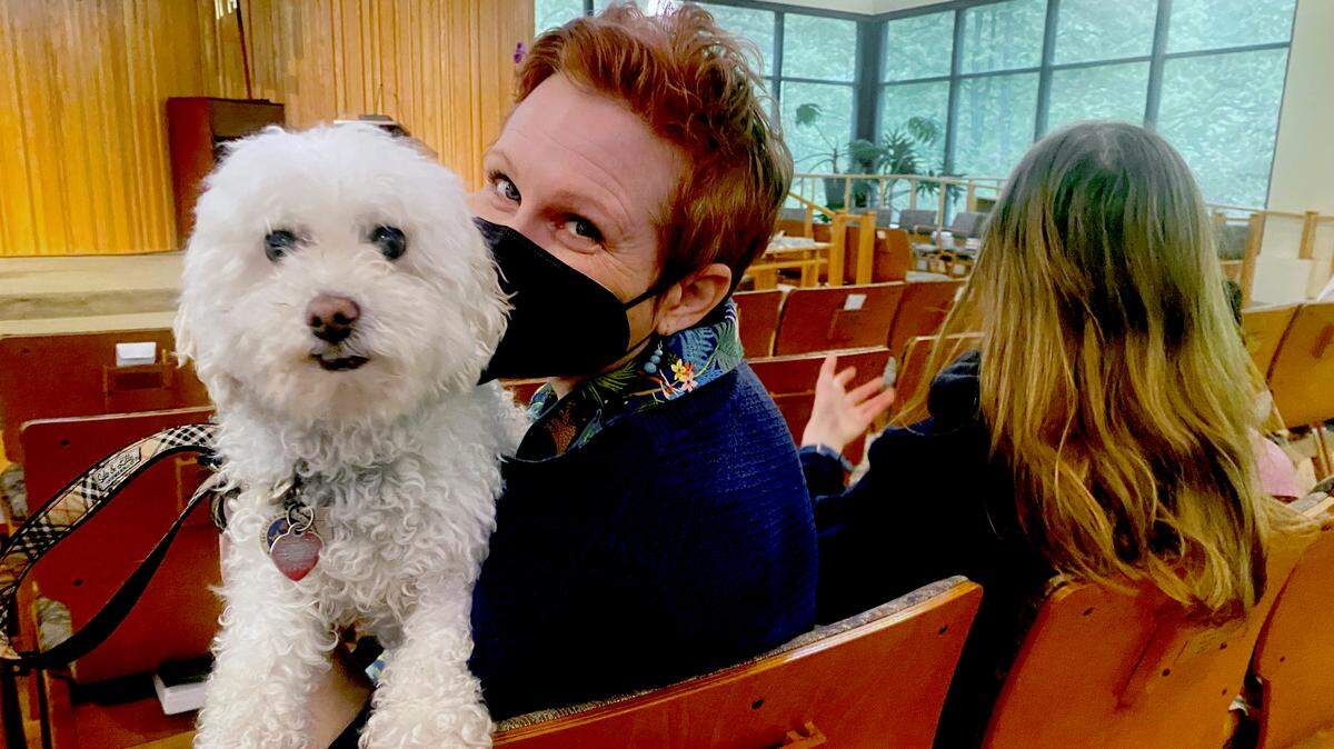 Alison Hurwitz and Bailey prepare for the blessing of the animals at Unitarian-Universalist Fellowship of Raleigh Sunday, where the intentionally inclusive congregation welcomed all forms of life.