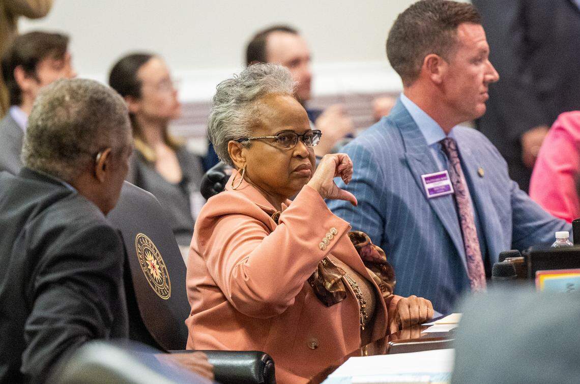 Sen. Gladys Robinson, a Guilford County Democrat, votes against an abortion restrictions bill that was up for a veto override vote on Tuesday, May 16, 2023, at the Legislative Building in Raleigh, N.C. Republicans have a veto-proof supermajority in the General Assembly, with the ability to overturn a veto from Democratic Gov. Roy Cooper.