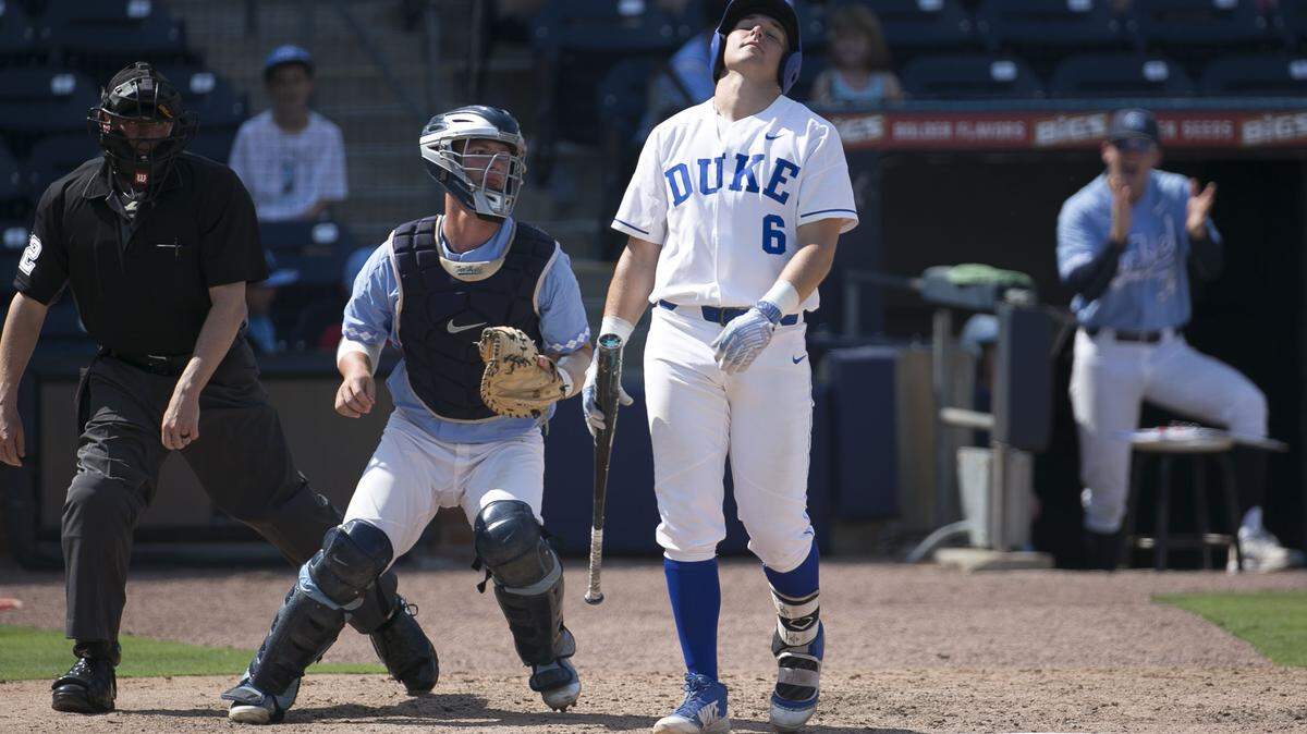 Duke senior Jack Labosky (6) reacts after striking out against North Carolina pitcher Brett Daniels in the seventh inning on Sunday, May 13, 2018, at Durham Bulls Athletic Park in Durham, N.C.