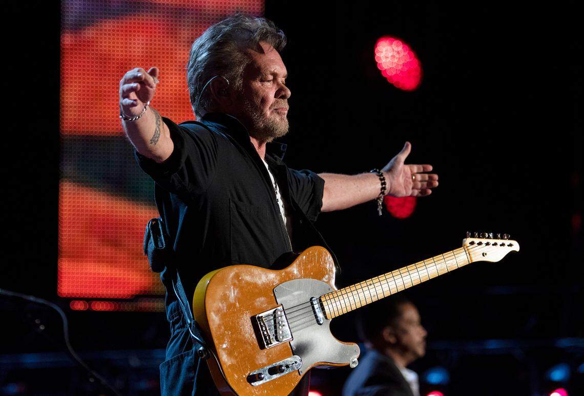John Mellencamp acknowledges the roar of the crowd at Farm Aid at Raleigh, N.C.’s Coastal Credit Union Music Park at Walnut Creek, Saturday, Sept. 24, 2022.