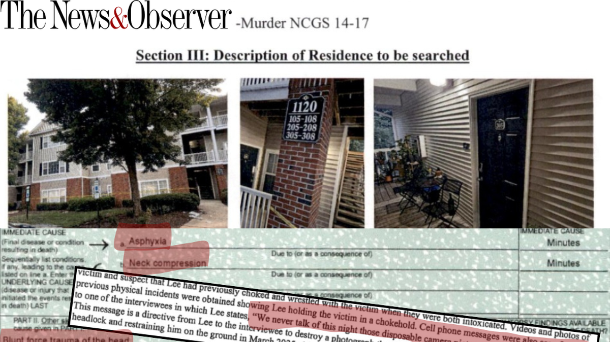 A graphic featuring excerpts from court documents in the July 8, 2025, death of William Hala.