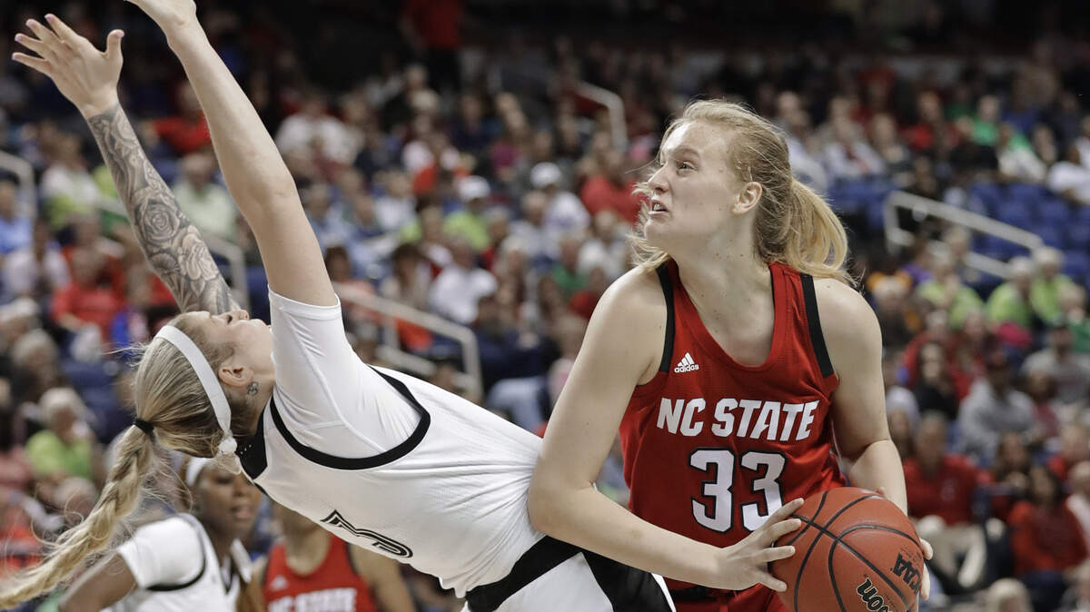 North Carolina State’s Elissa Cunane (33) knocks down Louisville’s Sam Fuehring (3) during the second half of an NCAA college basketball game in the Atlantic Coast Conference women’s tournament in Greensboro, N.C., Saturday, March 9, 2019. Cunane was called for a foul on the play.