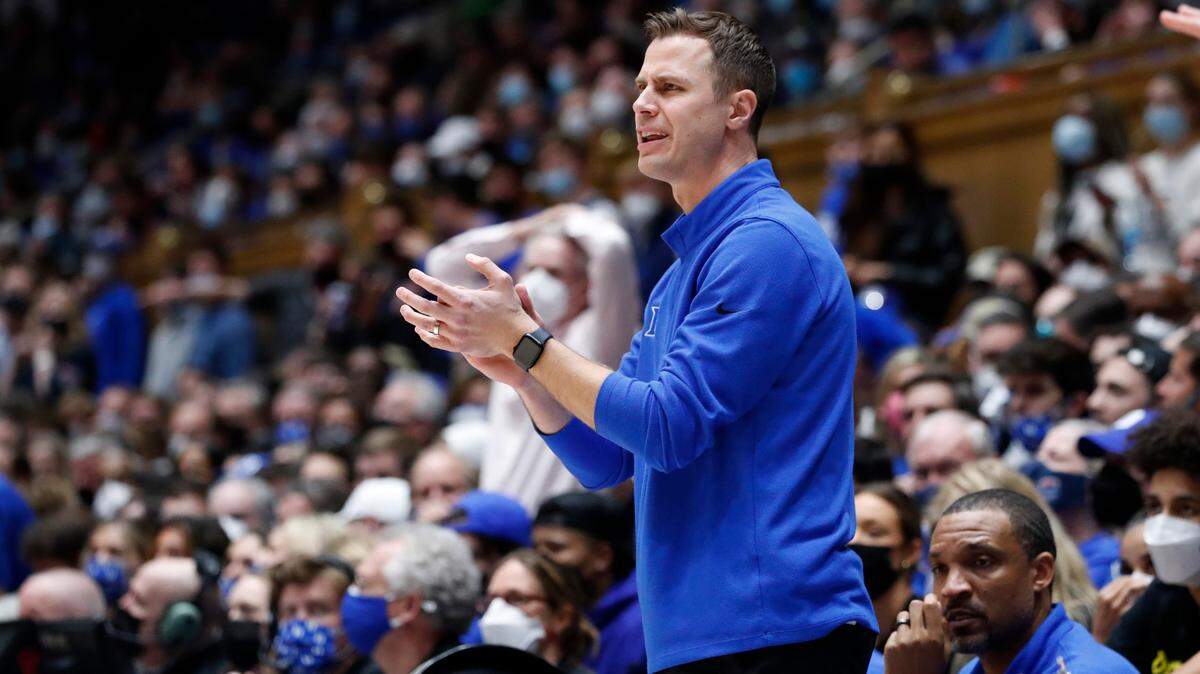Duke associate head coach Jon Scheyer cheers on the team during the second half of Duke’s 76-74 victory over Wake Forest at Cameron Indoor Stadium in Durham, N.C., Tuesday, Feb. 15, 2022.