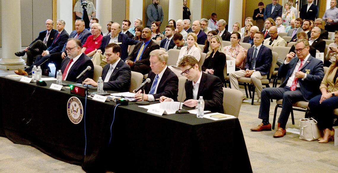 Witnesses took questions from U.S. House Committee on Energy Commerce members during the June field hearing at Pinehurst Village Hall. They included, from left, Mark Aysta, managing director of enterprise security at Duke Energy; William Ray, director of North Carolina Emergency Management; Tim Ponseti with the SERC Reliability Corporation; and N.C. State University’s Jordan Kern, an industrial engineering professor.