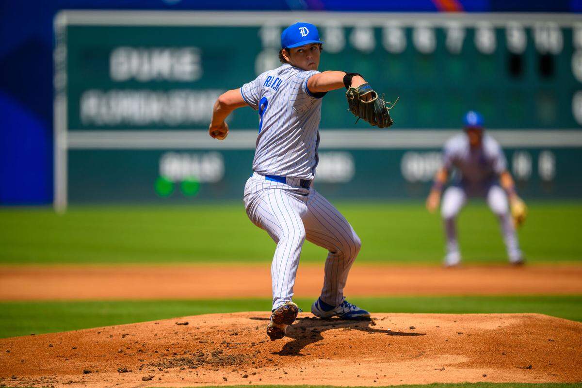 Duke starting pitcher Owen Proksch throws during the Blue Devils 14-7 loss during the ACC Tournament quarterfinals on Friday, May 23, 2025, at Durham Bulls Athletic Park in Durham, N.C.