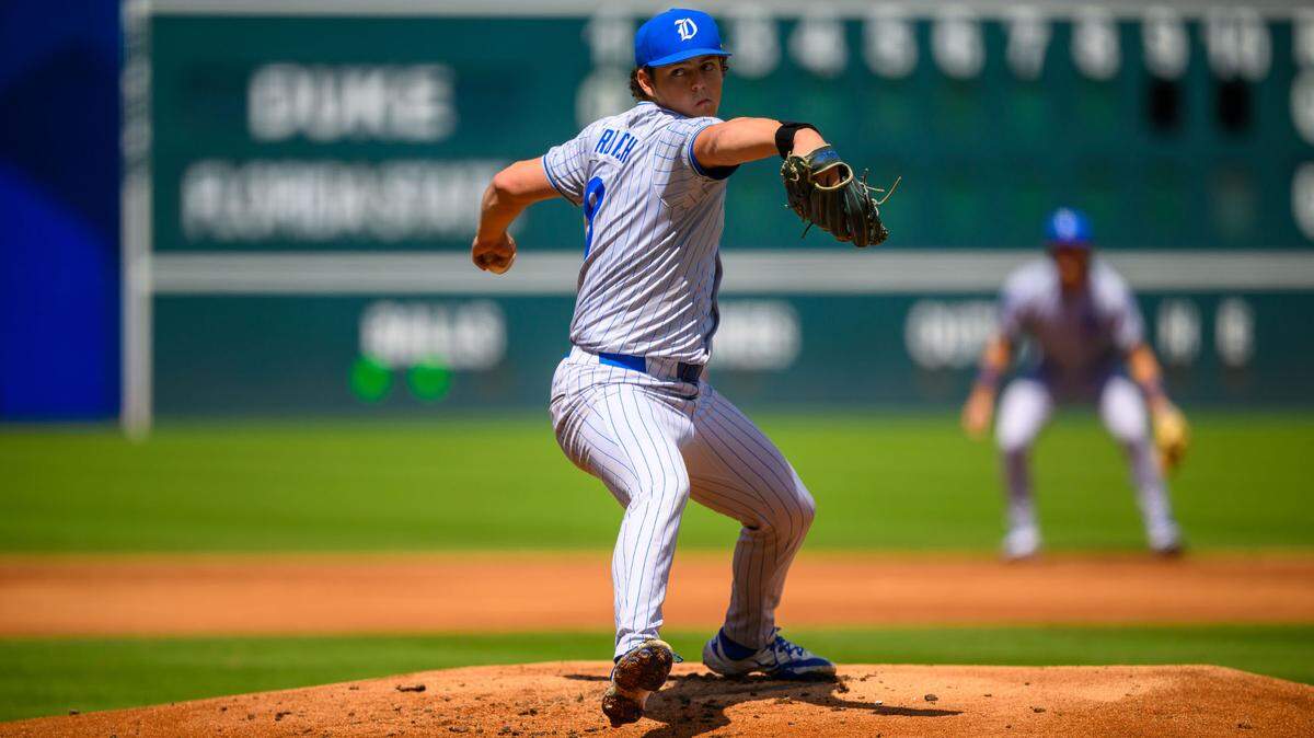 Duke starting pitcher Owen Proksch throws during the Blue Devils 14-7 loss during the ACC Tournament quarterfinals on Friday, May 23, 2025, at Durham Bulls Athletic Park in Durham, N.C.