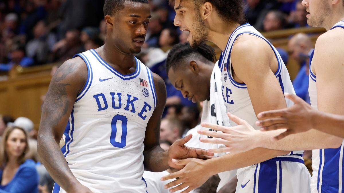 Duke’s Dereck Lively II (1) congratulates Dariq Whitehead (0) as he comes off the court during the second half of Duke’s 82-55 victory over Maryland-Eastern Shore at Cameron Indoor Stadium in Durham, N.C., Saturday, Dec. 10, 2022.