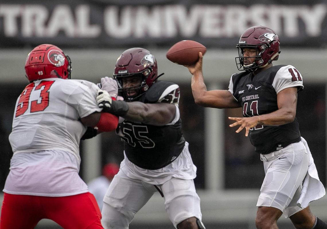 North Carolina Central quarterback Davius Richard (11) gets protection from lineman Robert Mitchell (55) against Winston-Salem State on Saturday, September 10, 2022 at O’Kelly-Riddick Stadium in Durham, N.C.