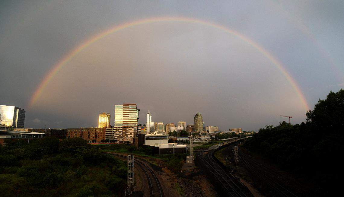 A rainbow appears over downtown Raleigh after storms passed through the region Tuesday, August 15, 2023.