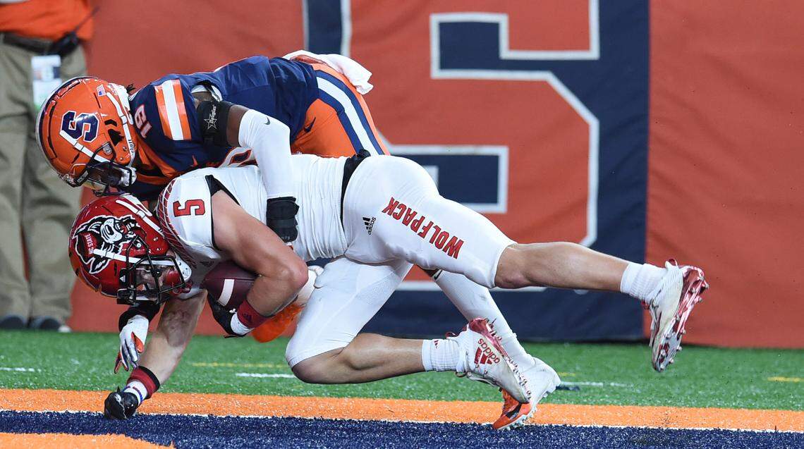 North Carolina State Wolfpack wide receiver Thayer Thomas (5) makes a touchdown reception in the second quarter during a game against Syracuse on Saturday, Nov. 28, 2020, at the Carrier Dome in Syracuse, N.Y.