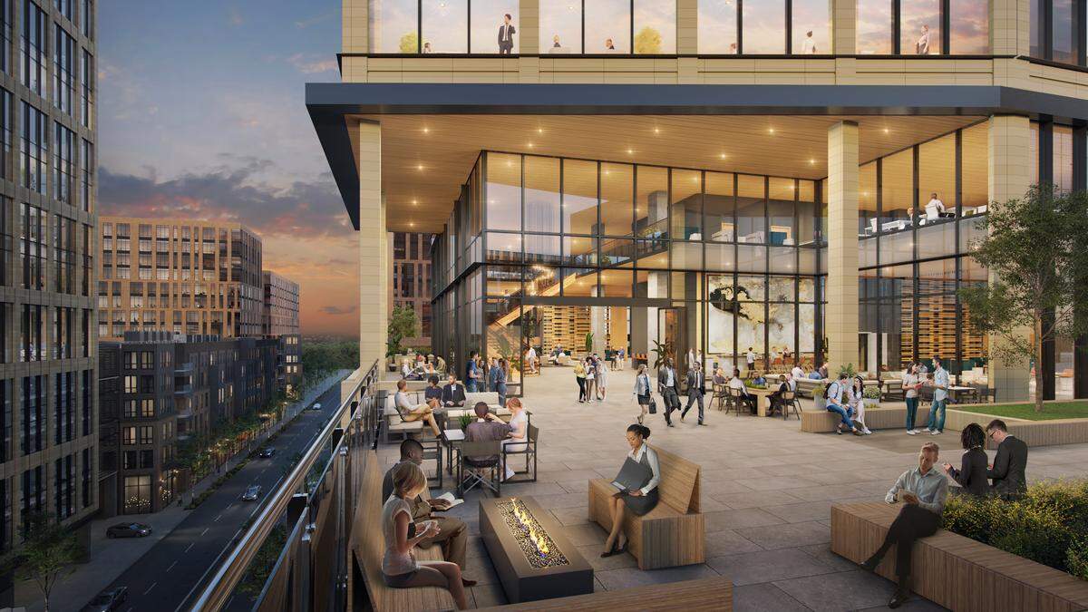 A rendering of Hub RTP, a $1.5 billion project in RTP that will bring high-rise towers and apartments inside of the Park for the first time.