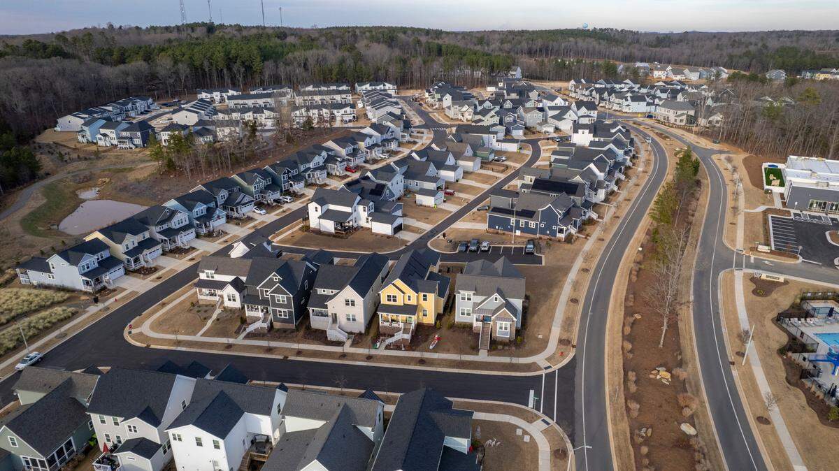 An aerial view of the Chatham Park subdivision in Pittsboro Thursday, Dec. 21, 2023.