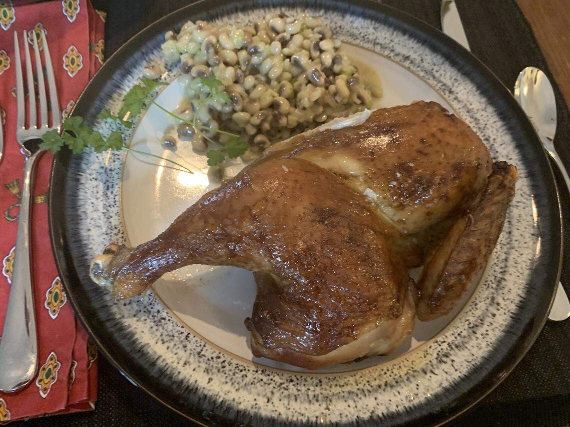 Renowned Raleigh chef Ashley Christensen offers a selection of family-size meals for pickup at her catering facility. Called ClubHouse Dinners, these meals, like this black tea-brined roasted chicken, included a salad, entree, side and dessert and came with instructions for reheating and serving.