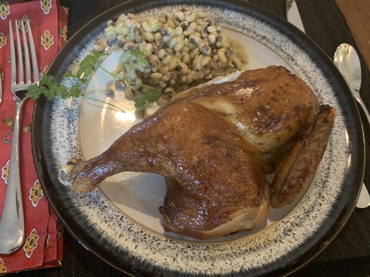 Renowned Raleigh chef Ashley Christensen offers a selection of family-size meals for pickup at her catering facility. Called ClubHouse Dinners, these meals, like this black tea-brined roasted chicken, included a salad, entree, side and dessert and came with instructions for reheating and serving.