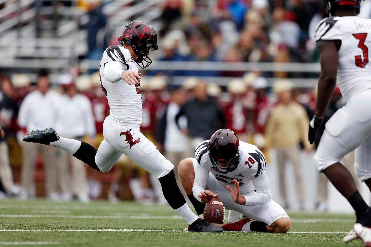 Louisville place kicker Blanton Creque kicks a field goal during the first half of an NCAA college football game against Boston College in Boston, Saturday, Oct. 13, 2018.