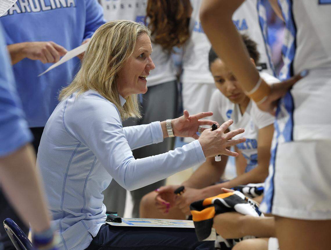 North Carolina head coach Courtney Banghart talks with her team during a timeout in the second half of the Tar Heels’ 74-66 second-round NCAA Tournament win over Maryland on Sunday, March 22, 2026, at Carmichael Arena in Chapel Hill, N.C.