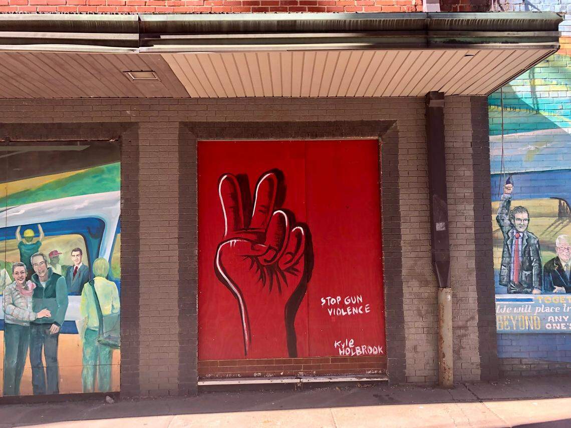 The street art completed on Nov. 7, 2021 by Miami-based muralist Kyle Holbrook on S. West Street in the Warehouse District of Raleigh is part of a national tour to increase gun violence awareness via art.